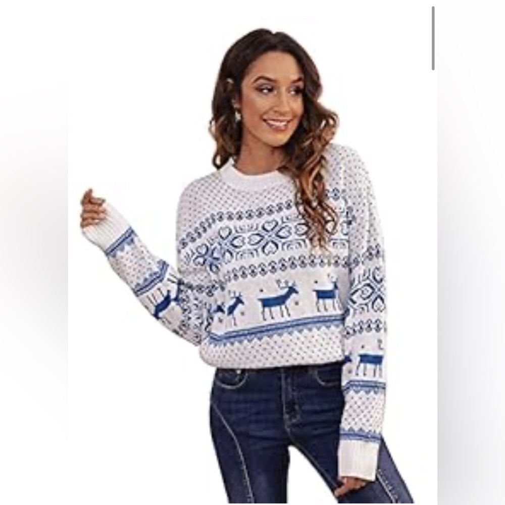 Simplee Apparel Blue and White Reindeer Sweater